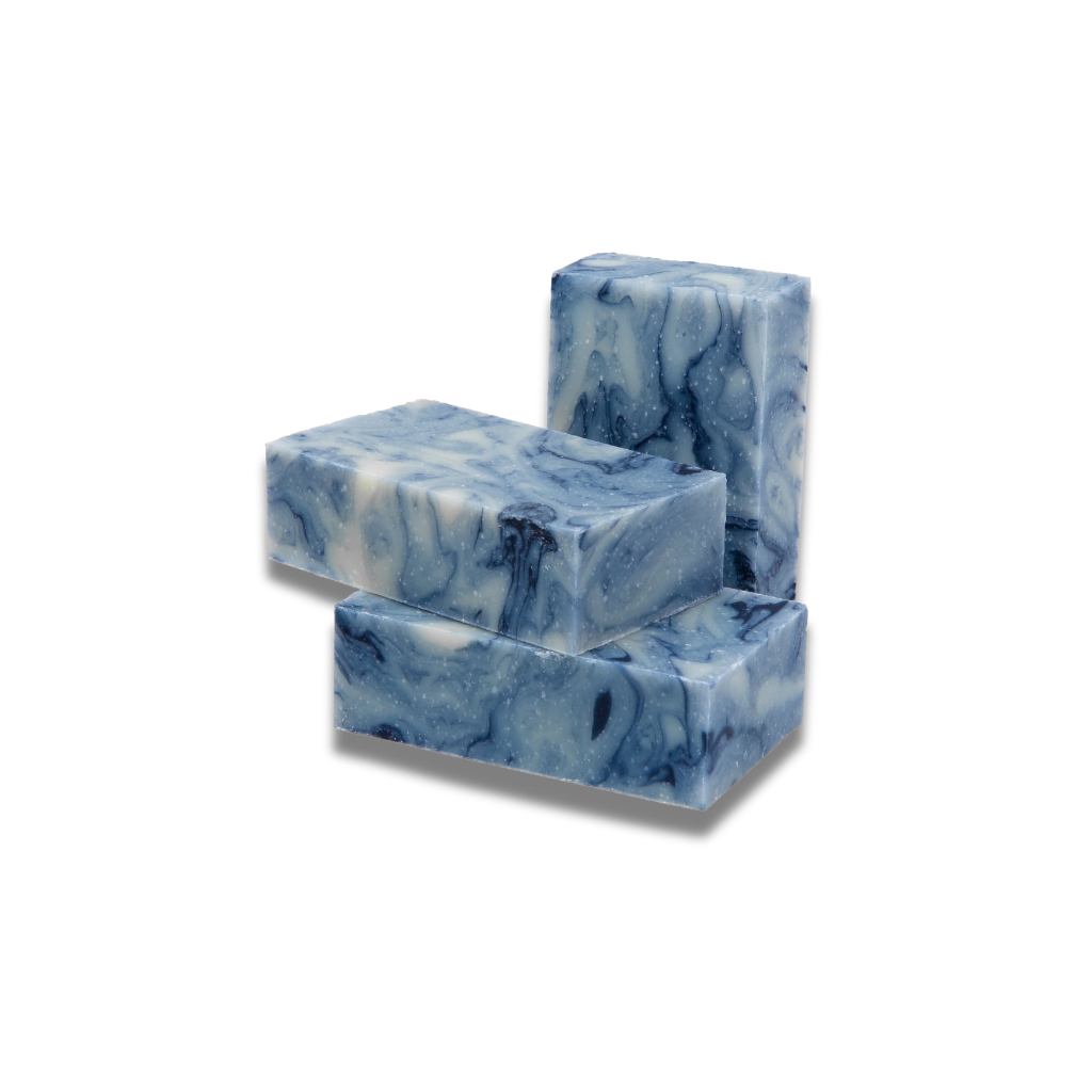 Calming cypress and lavender swirl bar soap with floral herbal essential oils, handcrafted moisturizing soap by Lathered in Roots.